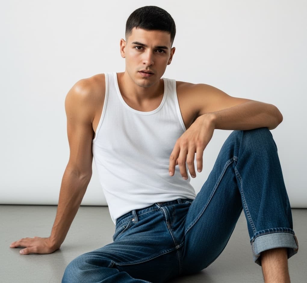 KAEL sentado con jean y musculosa blanca